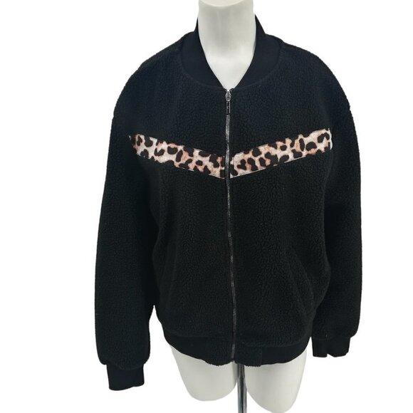 ZYIA Jackets & Blazers - Zyia Active Leopard Flying V Teddy Bear Fleece Jacket Size  L Black Bomber Zip